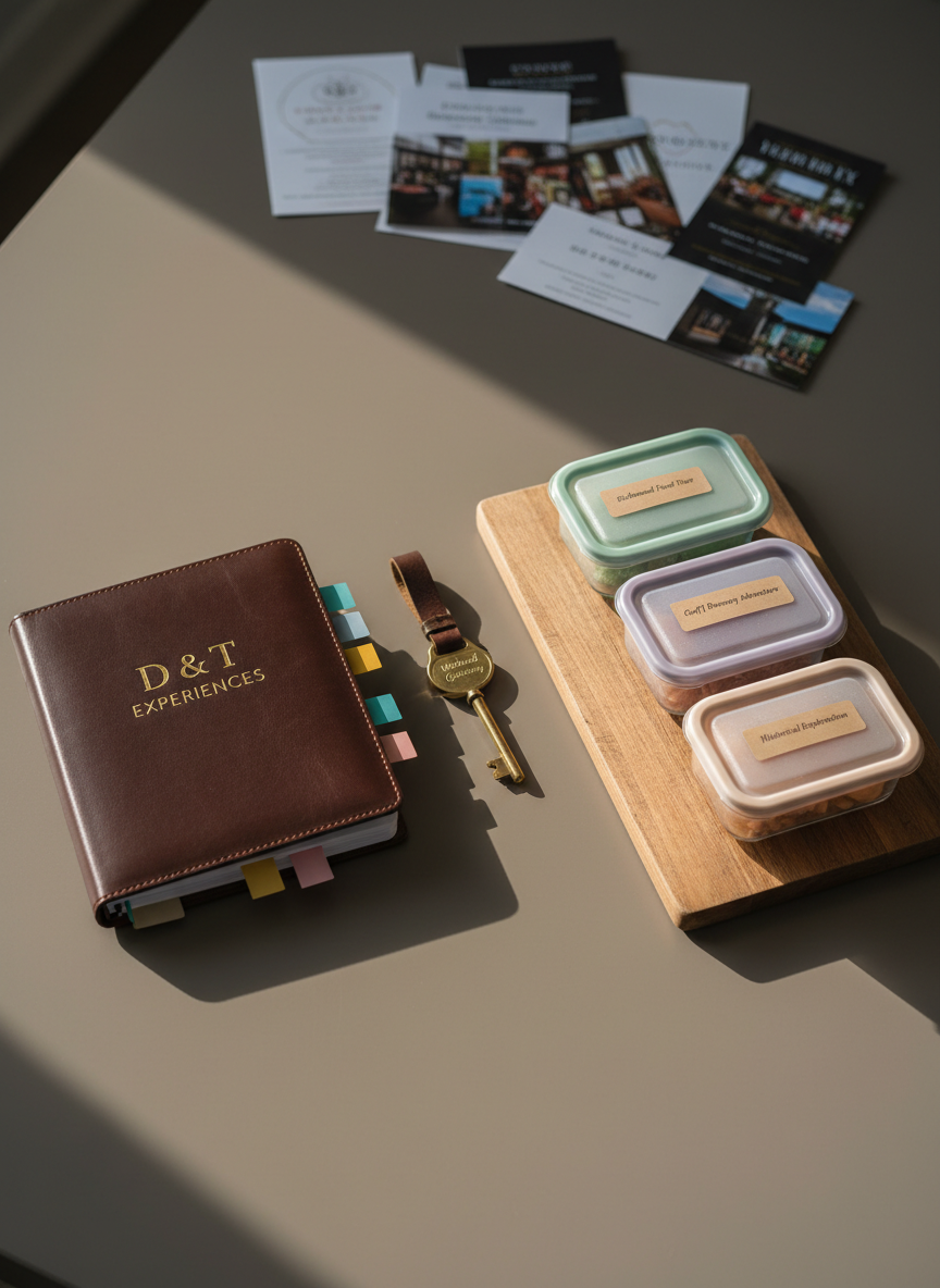A beautifully arranged flatlay of three distinct experience packages represented by elegant objects on a smooth warm-gray tabletop. A sleek leather-bound planner with metallic "D & T Experiences" embossed on the cover sits open with color-coded sticky tabs, beside a vintage-style brass key fob labeled "Weekend Getaway" and a wooden cutting board holding neatly portioned, labeled meal prep containers in muted pastels. Soft afternoon window light from the left creates gentle highlights on the planner’s texture and subtle reflections on the container lids, casting calm, elongated shadows. The background is softly blurred travel brochures and event invitations, suggesting variety without clutter. Photographic realism, eye-level overhead angle, clean and modern aesthetic, conveying a professional yet inviting mood of curated life experiences in Richmond, VA and beyond.