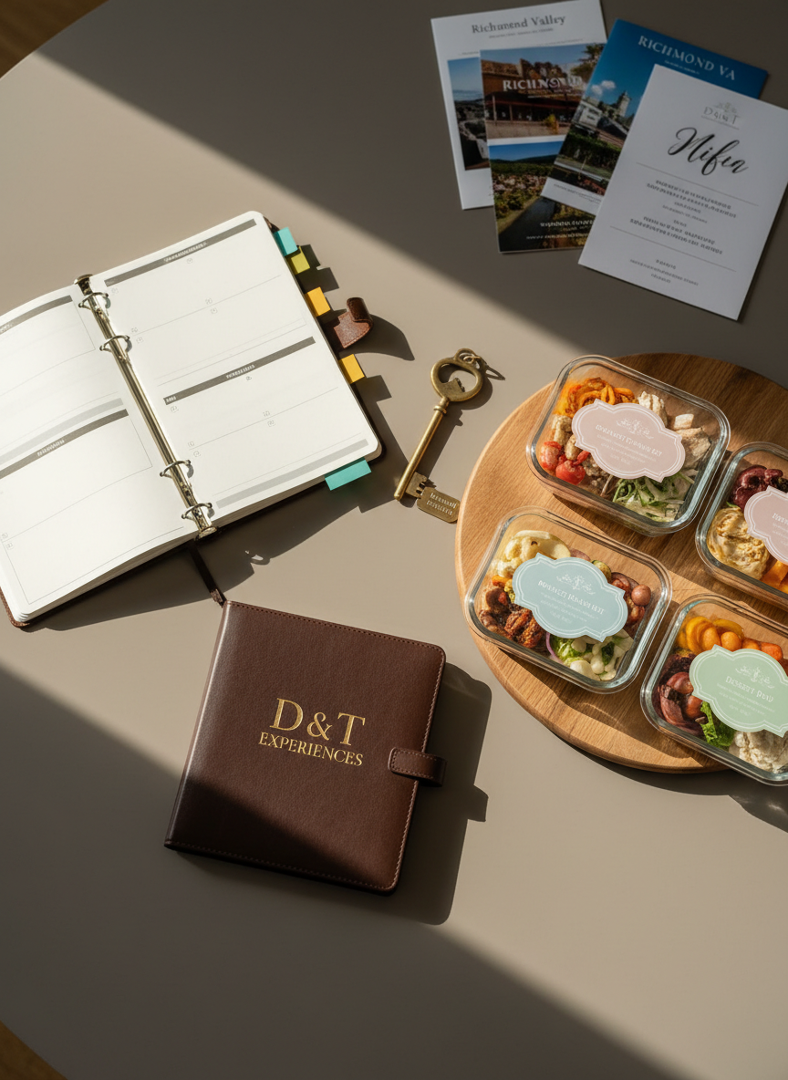 A beautifully arranged flatlay of three distinct experience packages represented by elegant objects on a smooth warm-gray tabletop. A sleek leather-bound planner with metallic "D & T Experiences" embossed on the cover sits open with color-coded sticky tabs, beside a vintage-style brass key fob labeled "Weekend Getaway" and a wooden cutting board holding neatly portioned, labeled meal prep containers in muted pastels. Soft afternoon window light from the left creates gentle highlights on the planner’s texture and subtle reflections on the container lids, casting calm, elongated shadows. The background is softly blurred travel brochures and event invitations, suggesting variety without clutter. Photographic realism, eye-level overhead angle, clean and modern aesthetic, conveying a professional yet inviting mood of curated life experiences in Richmond, VA and beyond.