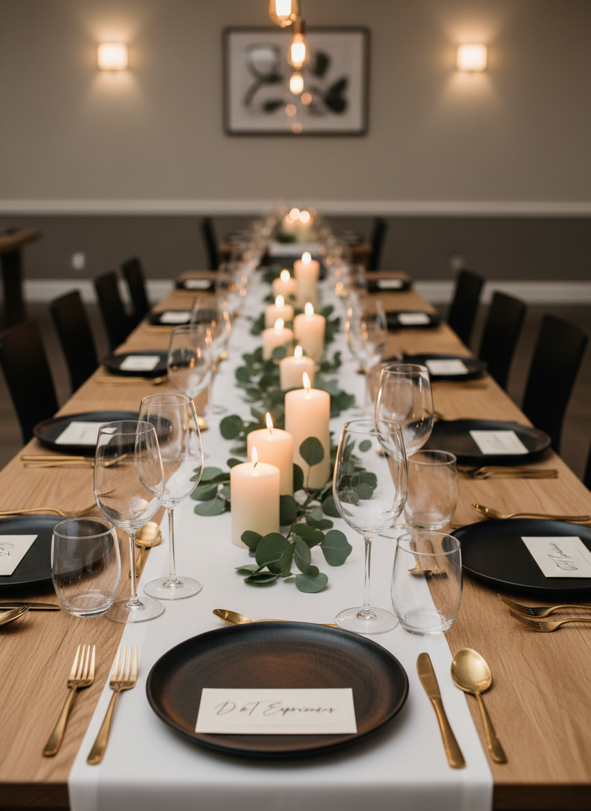 An immaculately set event table styled for a sophisticated celebration, captured in photographic realism. A long, matte white linen runner stretches across a natural oak table, lined with minimalist black stoneware plates, crystal-clear stemware, and brushed gold flatware precisely aligned. A central arrangement of ivory candles in varied heights and simple eucalyptus greenery runs the length of the table, flanked by discrete place cards reading "D & T Experiences" in elegant script. Warm pendant lighting overhead casts a golden glow, creating soft reflections on the glass and subtle shadows along the wood grain. The background shows a tastefully blurred banquet space with neutral tones and understated decor. Shot from a slightly elevated angle along the table’s length, using shallow depth of field to emphasize refined planning and a calm, polished atmosphere perfect for couples, families, and intimate gatherings.