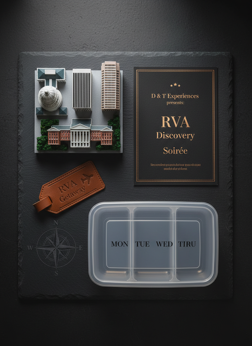 A Richmond, VA–inspired experience board arranged on a dark slate surface in photographic realism, showcasing the variety of D & T Experiences. A small, detailed miniature of the Richmond skyline sits beside a refined event invitation mockup, a luggage tag stamped with "RVA Getaway," and a divided meal prep container labeled with the days of the week in tasteful typography. A subtle compass graphic is printed faintly on the slate beneath, tying the elements together. Soft, directional studio lighting from the upper right creates clean highlights and crisp but gentle shadows, giving each object dimension while maintaining a minimalist, professional aesthetic. Captured from a top-down, centered composition with shallow depth of field that slightly softens the slate edges, the mood is aspirational, organized, and tailored for those who want more from everyday life.