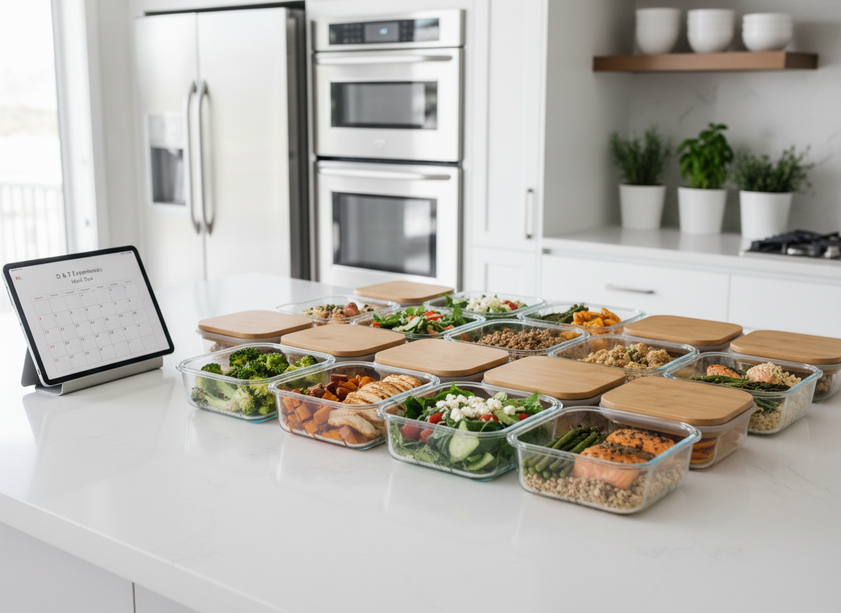 An organized meal prepping scene in a bright, modern kitchen rendered with photographic realism. A pristine white quartz countertop holds an orderly grid of glass meal prep containers with bamboo lids, each filled with colorful, balanced meals: roasted vegetables, grilled chicken, vibrant salads, and portioned grains. A small, upright tablet on a stand displays a weekly schedule titled "D & T Experiences Meal Plan" in a clean, professional font. Natural daylight streams through an unseen window, creating crisp yet soft shadows and subtle highlights on the glass surfaces, emphasizing freshness. In the softly blurred background, stainless steel appliances and neatly arranged herbs in white pots reinforce a professional yet homely feel. Shot from a slightly elevated angle with sharp focus on the containers, the mood is calm, efficient, and reassuring, ideal for busy families, couples, and single professionals.