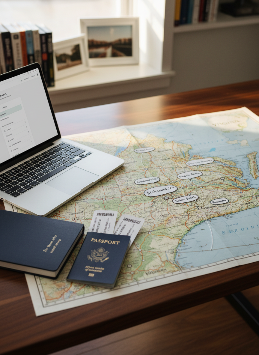 A curated travel-planning workspace in photographic realism, featuring an oversized, textured paper map of Virginia and the East Coast spread across a walnut desk. On the map, slender string lines connect Richmond, VA to small, circled destination names. A slim, modern silver laptop displays a minimalist itinerary layout, while a closed navy travel journal with a subtle "For those who want more" debossed on the cover rests beside a stamped passport and a pair of neatly folded boarding passes. Soft morning light from a nearby window washes across the scene, catching the gentle sheen of the laptop and warming the wood grain, while the background fades into soft-focus shelves with organized travel guides. Captured from a three-quarter overhead angle, clean and professional mood, evoking anticipation and meticulous travel planning.