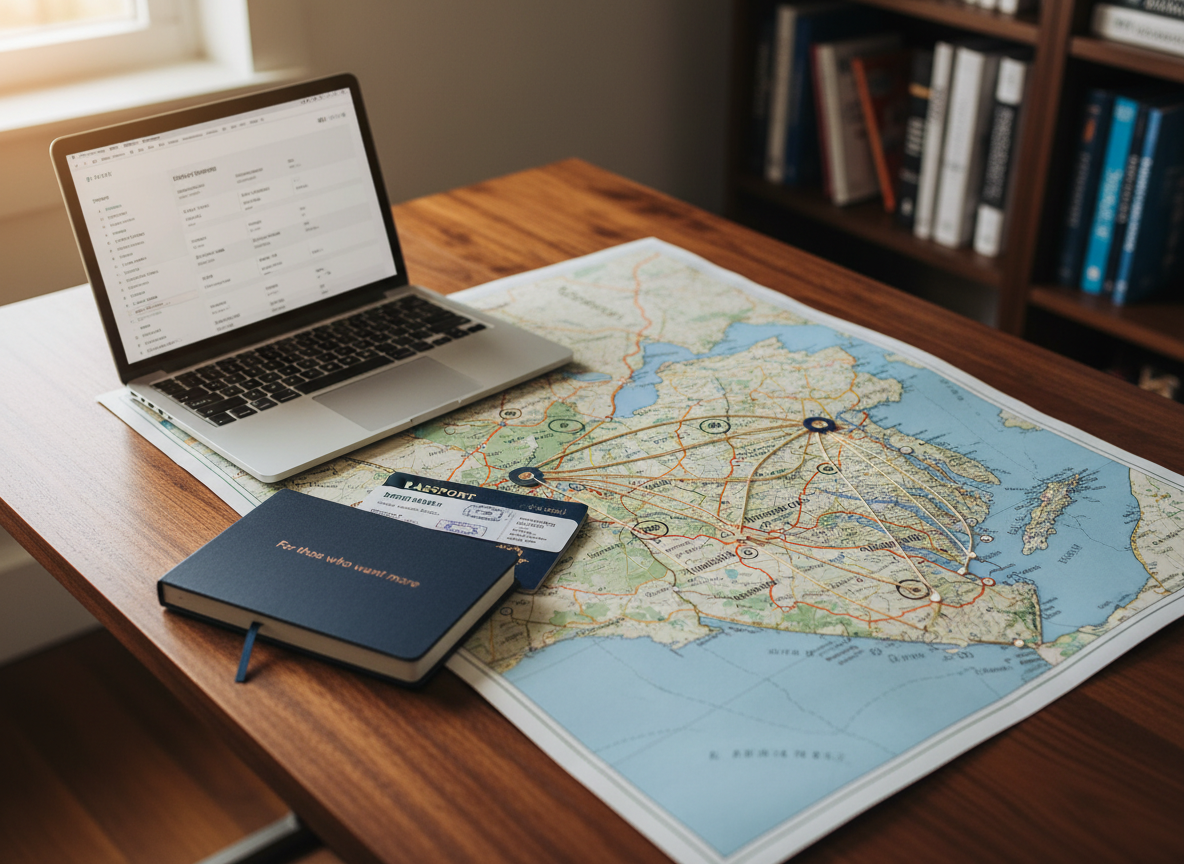 A curated travel-planning workspace in photographic realism, featuring an oversized, textured paper map of Virginia and the East Coast spread across a walnut desk. On the map, slender string lines connect Richmond, VA to small, circled destination names. A slim, modern silver laptop displays a minimalist itinerary layout, while a closed navy travel journal with a subtle "For those who want more" debossed on the cover rests beside a stamped passport and a pair of neatly folded boarding passes. Soft morning light from a nearby window washes across the scene, catching the gentle sheen of the laptop and warming the wood grain, while the background fades into soft-focus shelves with organized travel guides. Captured from a three-quarter overhead angle, clean and professional mood, evoking anticipation and meticulous travel planning.