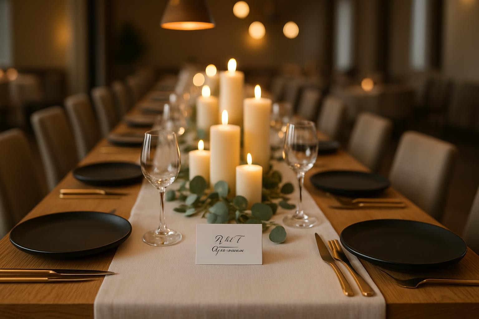 An immaculately set event table styled for a sophisticated celebration, captured in photographic realism. A long, matte white linen runner stretches across a natural oak table, lined with minimalist black stoneware plates, crystal-clear stemware, and brushed gold flatware precisely aligned. A central arrangement of ivory candles in varied heights and simple eucalyptus greenery runs the length of the table, flanked by discrete place cards reading "D & T Experiences" in elegant script. Warm pendant lighting overhead casts a golden glow, creating soft reflections on the glass and subtle shadows along the wood grain. The background shows a tastefully blurred banquet space with neutral tones and understated decor. Shot from a slightly elevated angle along the table’s length, using shallow depth of field to emphasize refined planning and a calm, polished atmosphere perfect for couples, families, and intimate gatherings.