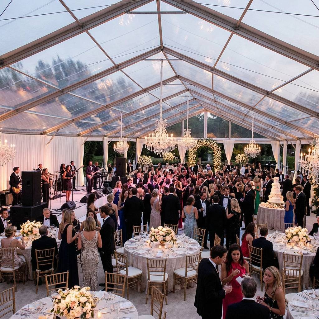 A crowded wedding reception inside a large clear-roof tent featuring crystal chandeliers and floral centerpieces.