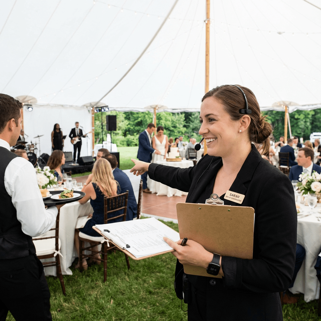 An event planner with a headset and clipboard directs a waiter at a wedding reception.