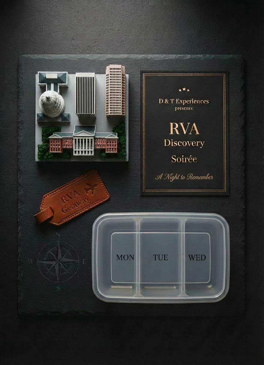 A Richmond, VA–inspired experience board arranged on a dark slate surface in photographic realism, showcasing the variety of D & T Experiences. A small, detailed miniature of the Richmond skyline sits beside a refined event invitation mockup, a luggage tag stamped with "RVA Getaway," and a divided meal prep container labeled with the days of the week in tasteful typography. A subtle compass graphic is printed faintly on the slate beneath, tying the elements together. Soft, directional studio lighting from the upper right creates clean highlights and crisp but gentle shadows, giving each object dimension while maintaining a minimalist, professional aesthetic. Captured from a top-down, centered composition with shallow depth of field that slightly softens the slate edges, the mood is aspirational, organized, and tailored for those who want more from everyday life.