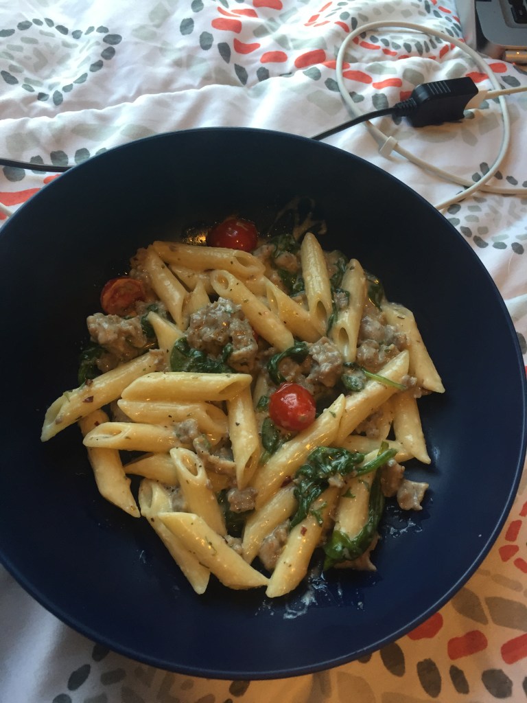 Penna Pasta with White Sauce, Sausage, Spinach & Tomatoes