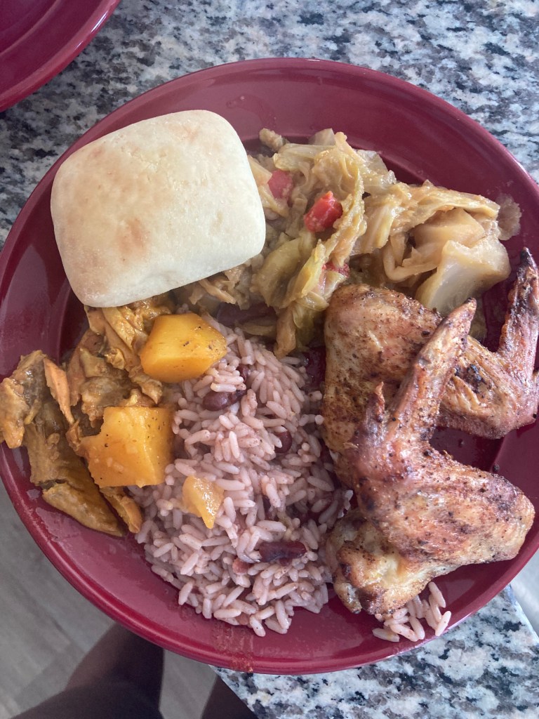 Jamaican Inspired Jerk Wings, Peas & Rice, Cabbage