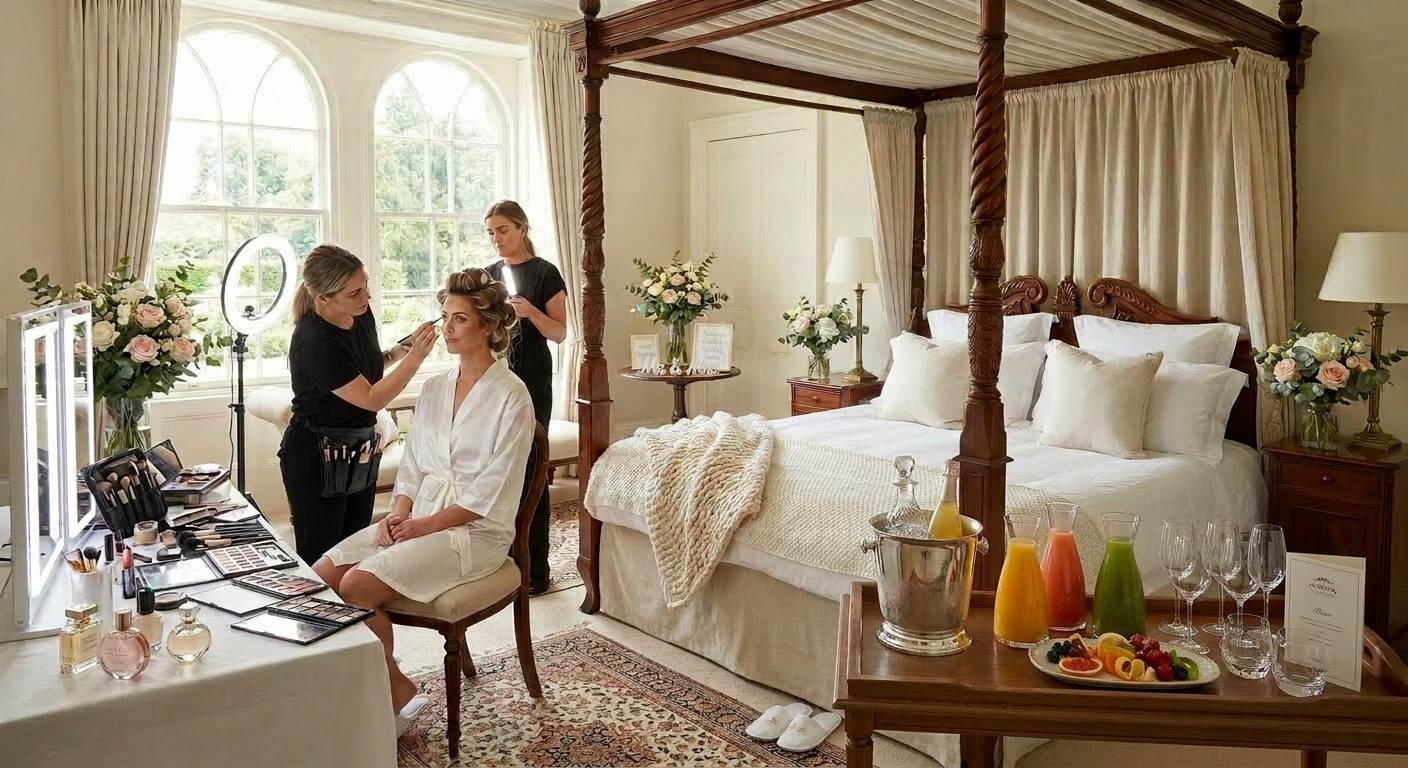 Bridal suite bed with breakfast tray including tea set, croissants, and juice