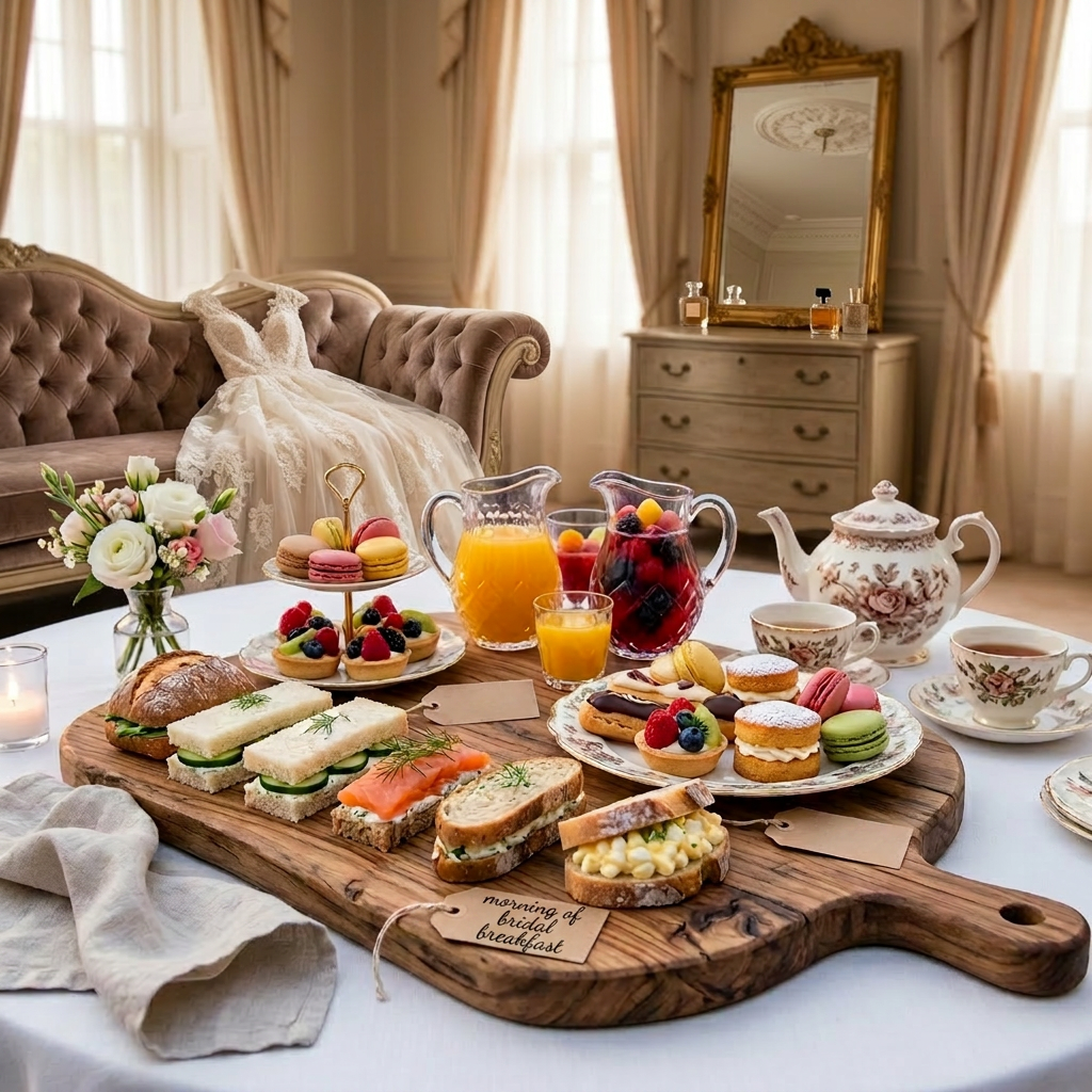 Tray with English afternoon tea sandwiches, pastries, tea cups, and fresh fruit juices on a table at a formal event